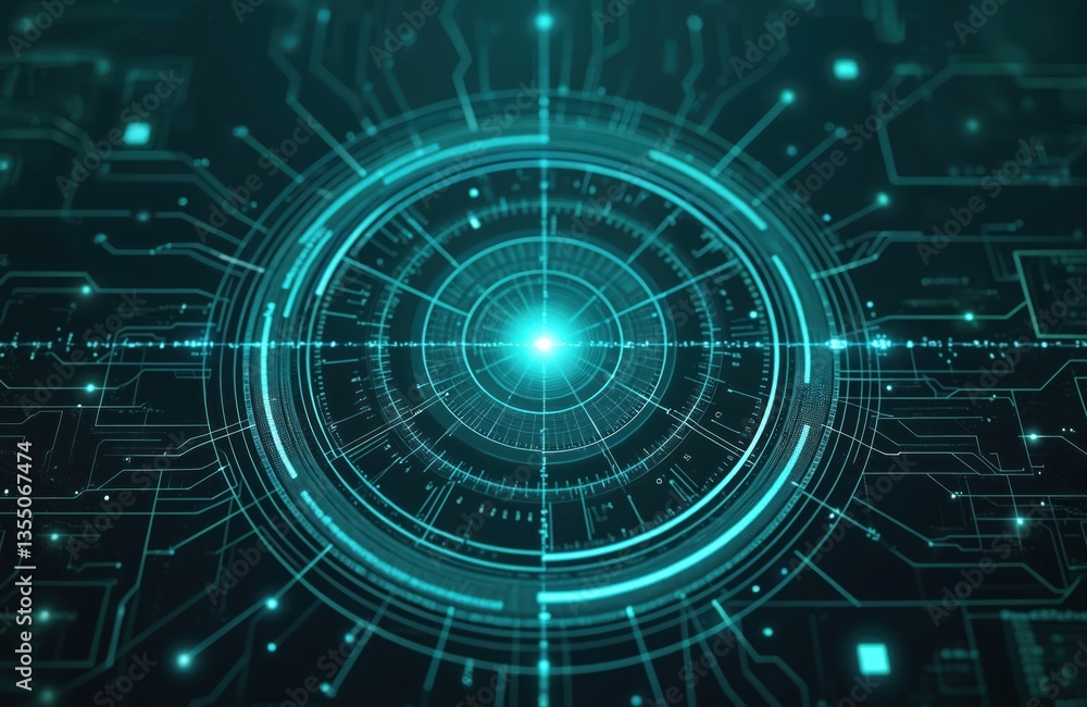 Poster Tech radar illustration. Digital technology, futuristic tech background. Digital network, data connection, cyberspace. Circular radar elements, circuit board. Cyber security, data center