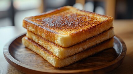 Toasted bread stack cafe wooden plate breakfast
