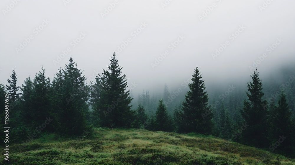 Poster Mysterious fog enveloping lush evergreen trees creating ethereal scene in forest setting : Generative AI