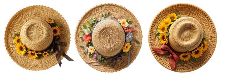 Top view of several rattan hats decorated with natural flowers and ribbons. Feminine and elegant accessory for summer..White or transparent background