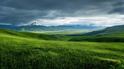 Fototapeta premium Stunning Vast Green Landscape Under Dramatic Cloudy Sky : Generative AI