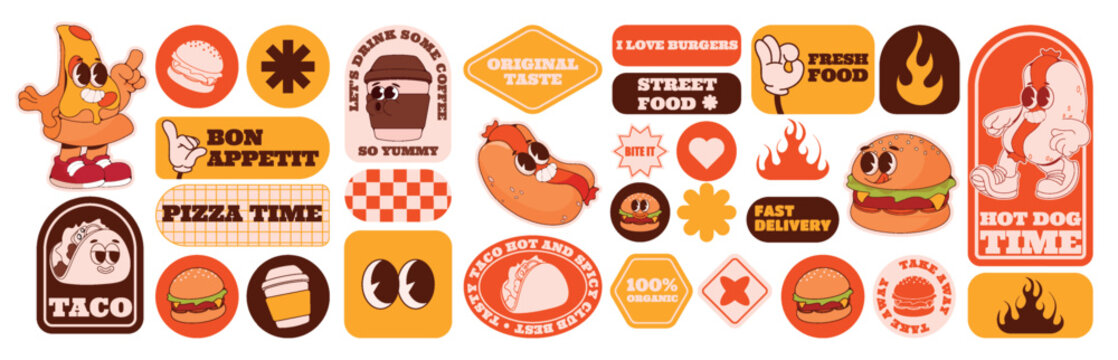 Burger stickers. Retro fast food, coffee and hamburger characters, doodle groovy funky restaurant style. Pizza and taco emblems. Icons set. 70s 80s style. Vector cartoon flat illustration