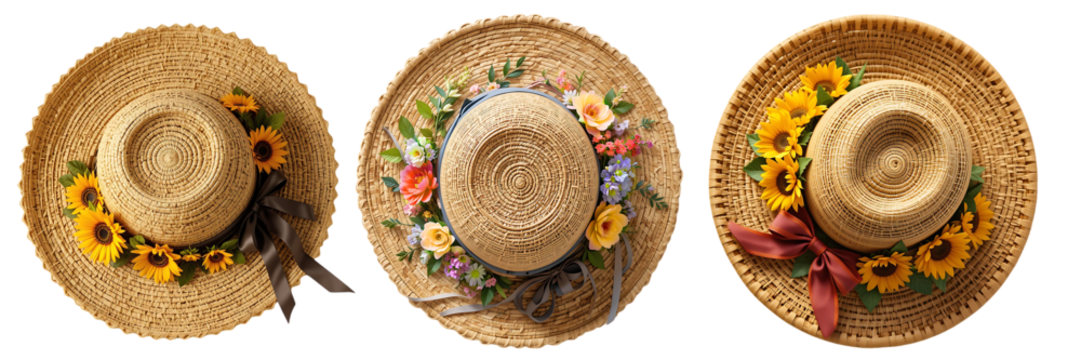 Top view of several rattan hats decorated with natural flowers and ribbons. Feminine and elegant accessory for summer..White or transparent background