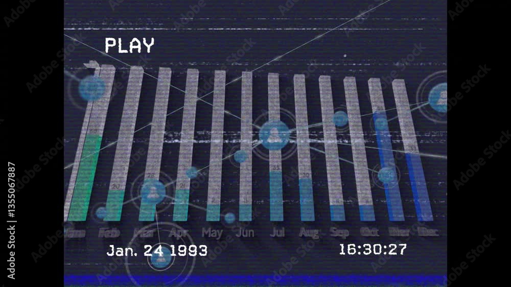 Poster overlaying network connections and play timestamp on bar graph with monthly data