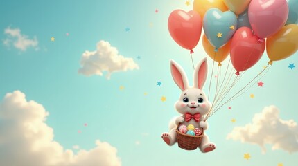 Obraz premium Easter Bunny Soaring Through the Sky with Balloons and Eggs