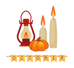 Cute autumn. Hello fall season holiday card. Orange gourd. Cozy candle fire. October flags garland lettering. Autumnal pumpkin. Thanksgiving party. Hygge hobby. Vector seasonal banner