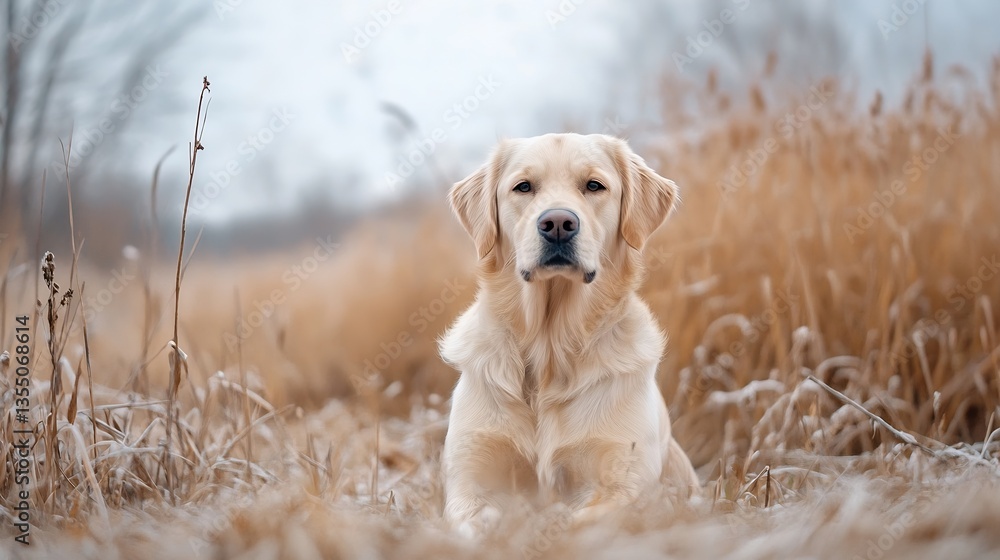 Poster golden retriever sitting gracefully in a serene field showcasing the beauty of nature in a tranquil 