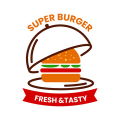 Burger logo. Hamburger logo design in minimal style. Cheeseburger on plate. Emblem or label. Fresh and tasty menu. Restaurant sandwich. Fast food logotype. Vector flat isolated illustration