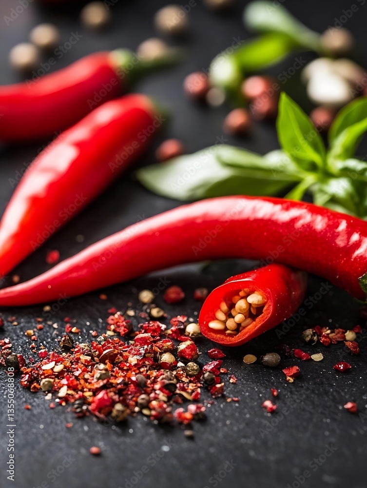 Aufkleber fresh red chili peppers and spices on dark background with fresh basil leaves : generative ai