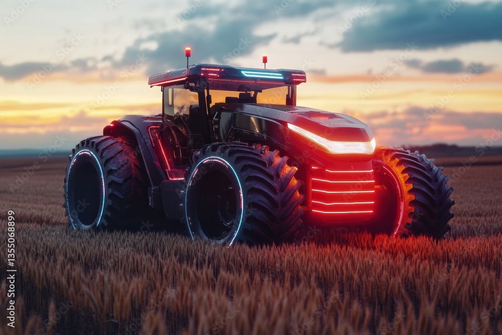 Poster futuristic autonomous tractor with ai control system working in a glowing wheat field at sunset