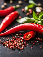 Fresh Red Chili Peppers and Spices on Dark Background with Fresh Basil Leaves : Generative AI