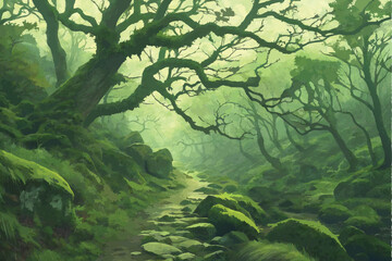 27 Lush ancient forest, moss-covered boulders, misty atmosphere, twisted tree branches, ethereal green light, mystical woodland, stream running through rocks, fantasy landscape, dense vegetation, magi © Manik Mia