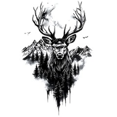 Obraz premium Artistic illustration of a deer with antlers in a mountain landscape