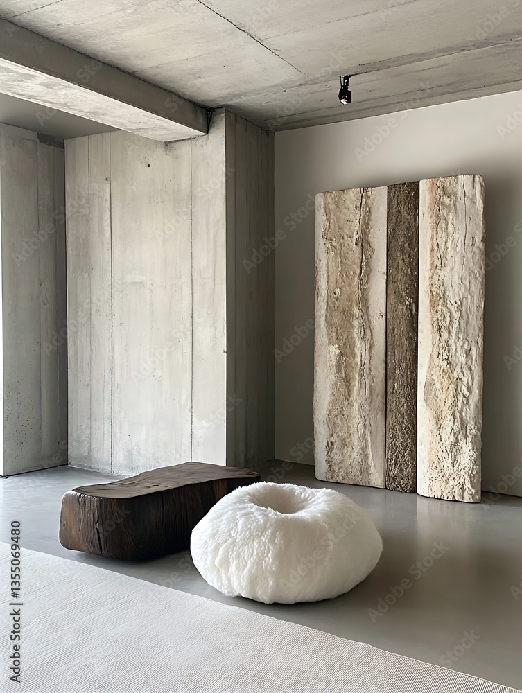 Aufkleber modern interior design with wooden bench and fluffy round pouf in minimalist setting : generative ai