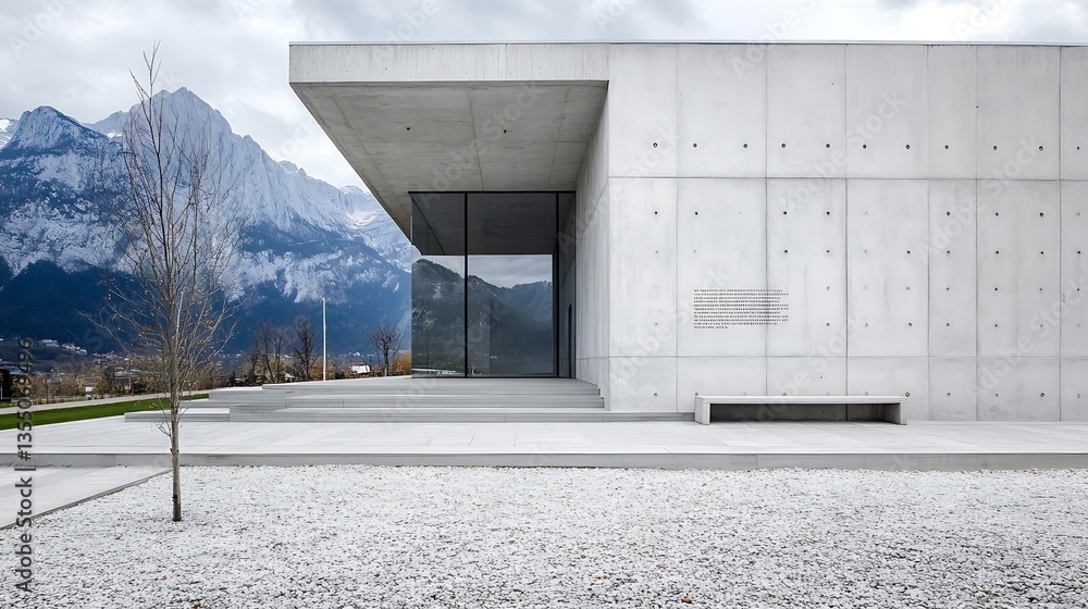 Leinwandbilder Modern architectural design of a concrete building against a mountainous backdrop : Generative AI