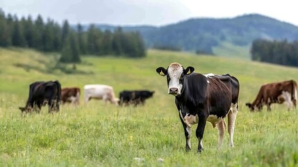 Naklejka premium A curious cow standing confidently in a lush green pasture surrounded by a herd in a picturesque rural setting : Generative AI