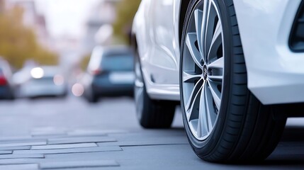 Low angle view of a stylish car wheel on the road highlighting modern vehicle design and technology : Generative AI