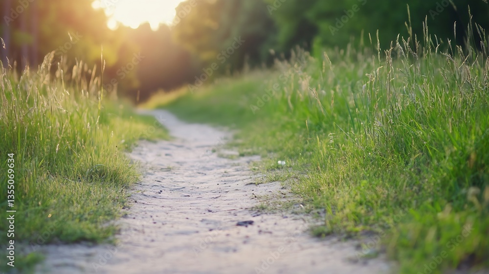Poster serene path through golden grasslands reflecting warm sunlight in a tranquil outdoor setting : gener