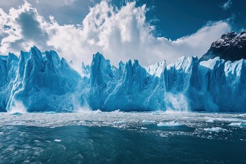 Majestic Glacier with Water Flowing into the Sea and Cloudy Sky