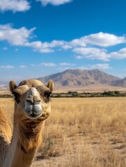 Obraz premium Closeup of a friendly camel with a stunning natural background of mountains and clouds : Generative AI