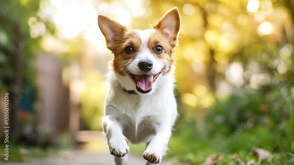 Poster happy playful dog running through a green garden with sunlight creating a cheerful atmosphere : gene