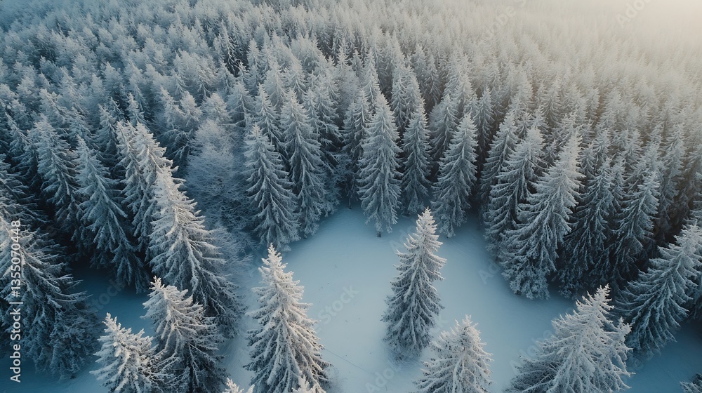 Poster aerial view of frosted evergreen trees covering a winter landscape in serene silence : generative ai