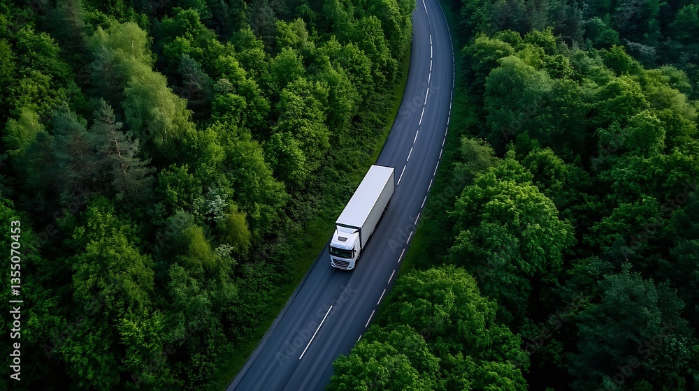Poster aerial view of a truck navigating a winding road surrounded by lush trees and vibrant green forest s
