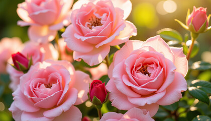 Fototapeta premium Beautiful pink roses blooming in sunlight garden background 