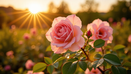 Pink rose blooming at sunrise in a garden  