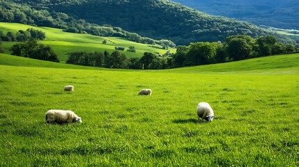 Obraz premium Idyllic pastoral scene of grazing sheep on lush green hills under a clear blue sky : Generative AI