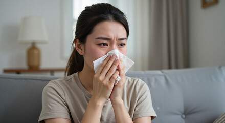Young Woman Blowing Nose at Home During Cold Season for Health or Allergy Concepts Ideal for Flu Awareness Campaigns