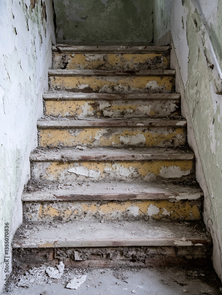 Aufkleber Old and worn staircase covered in dust highlighting the beauty of decay and neglect in a building : Generative AI