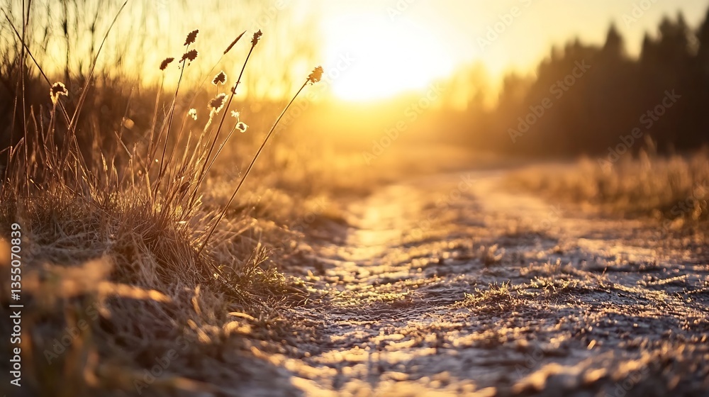 Poster serene sunrise illuminating a quiet path with soft golden light : generative ai