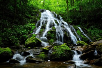 Obraz premium Lush waterfall cascading down mossy rocks in a dense forest