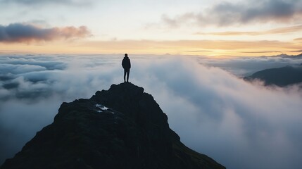 Stunning view from a mountaintop with a solitary figure looking at the vast clouds at sunrise : Generative AI