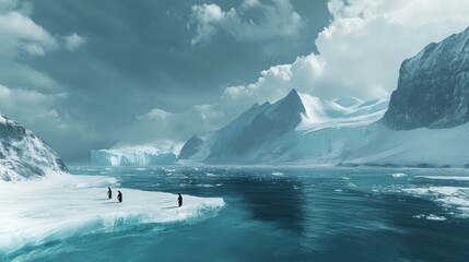 Fototapeta premium Three penguins huddle on a glacial shore, a serene yet stark Antarctic landscape unfolds under a dramatic sky, showcasing icy mountains and a frozen ocean.