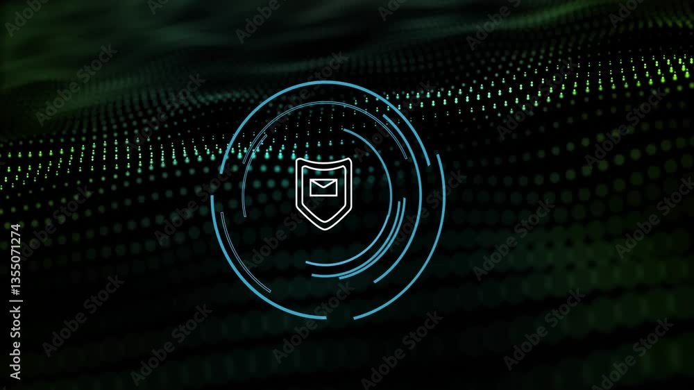 Aufkleber digital animation of shield icon with envelope over wave and glowing green dots