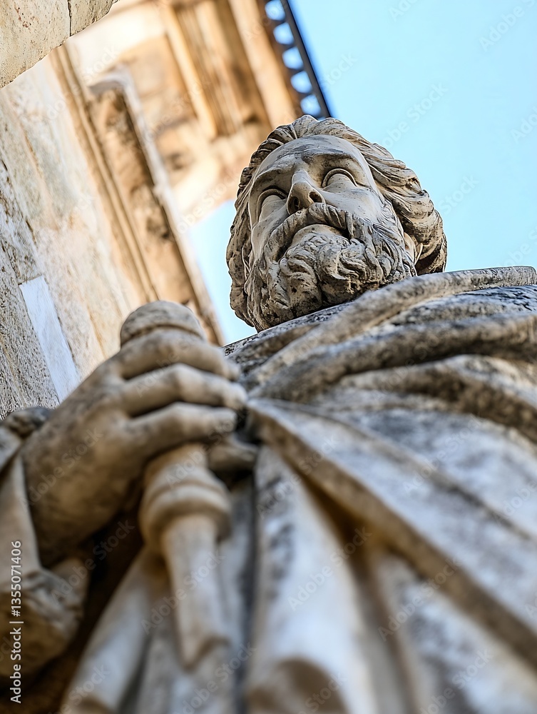 Poster Majestic statue of a historic figure adorned in robes with a powerful expression captured from below : Generative AI