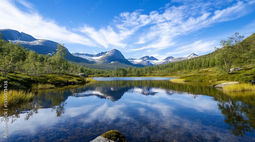 Poster breathtaking reflection of mountains and sky in a serene lake surrounded by greenery : generative ai