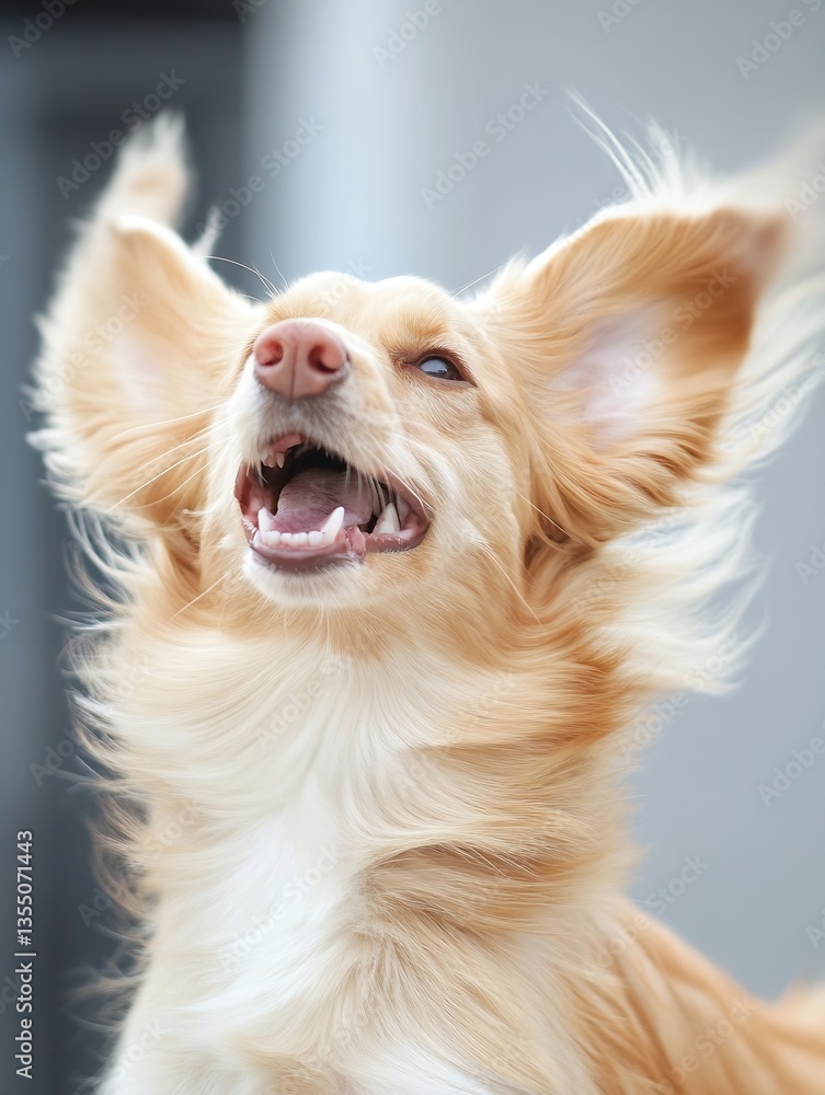 Poster adorable happy dog with flowing fur showcasing joyful expression against blurred background : genera