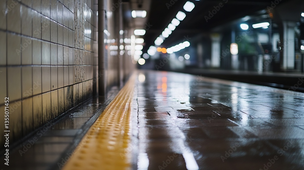 Poster urban railway station platform with reflective wet floor after rain captured in soft ambient lightin