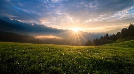 Obraz premium Stunning Sunrise Over Mountains with Lush Green Grassfield in the Foreground Highlighting Nature's Beauty : Generative AI