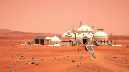 space base on mars, space exploration, another planet of the solar system, high tech architecture, science fiction, solar panels, dome, mars rover, building in the red desert, dune, Martian landscape