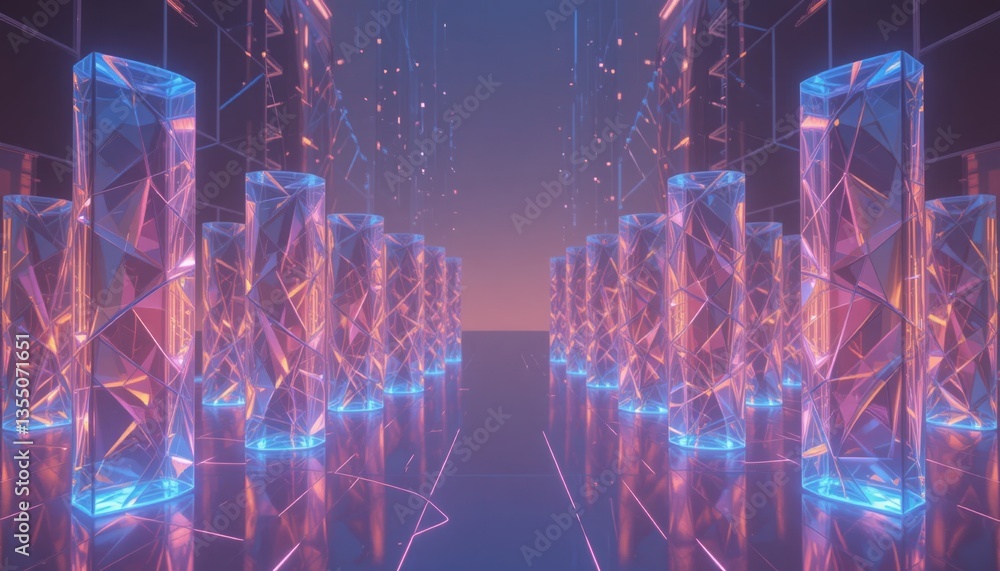 Poster illuminated geometric structures futuristic digital space 3d render virtual environment perspective 