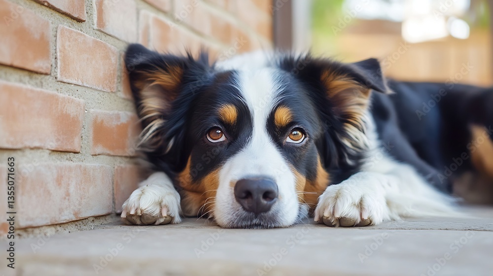 Poster Closeup of a sad and thoughtful dog resting on a stone surface in a cozy indoor environment with a gentle expression : Generative AI