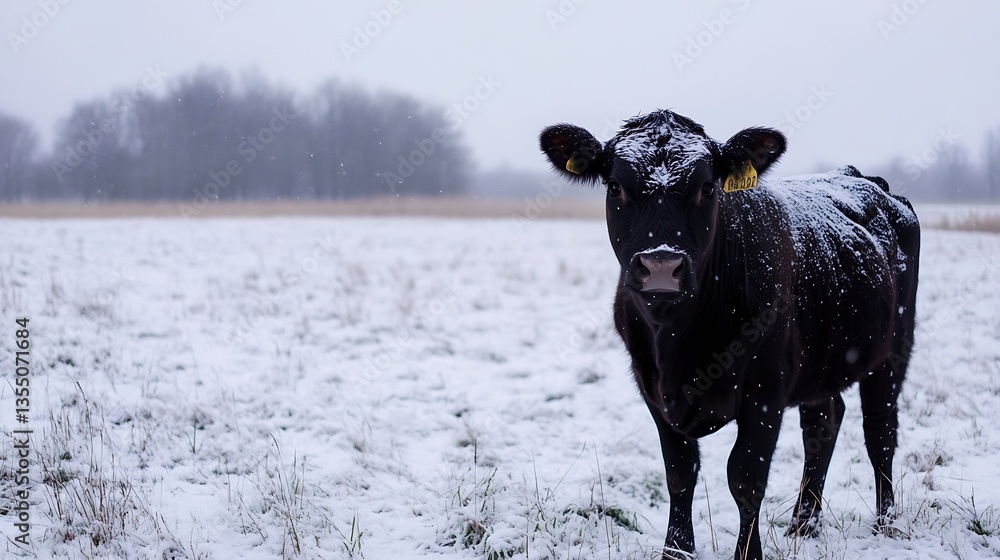 Poster heavy black cow standing in a snowcovered field with snow gently falling around it : generative ai
