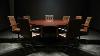 Conference room featuring round wood table with leather chairs, creating professional space, designed for business meetings, corporate strategy, decision making, communication in elegant style.