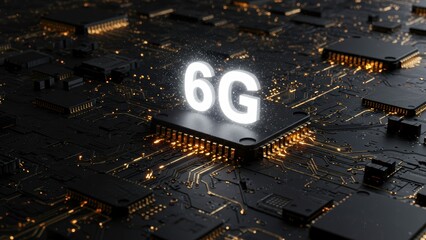 Black circuit board featuring central microchip displaying '6G'. Shows information technology, future advancement, high-speed connection, telecommunication networks.