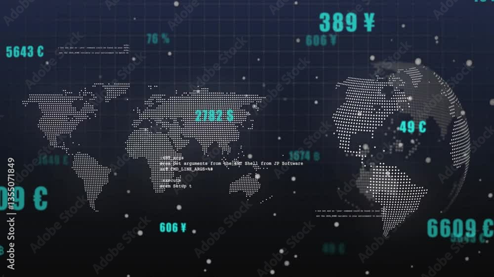 Aufkleber world map with currency symbols and data processing animation over grid background
