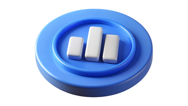 3D Rendered Blue Circular Button with Bar Chart Icon – Digital Analytics Symbol